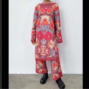 NWT 2 PIECES SET ZARA WOMEN FLORAL MULTI COLOR JACQUARD KNIT TOP & PANT SIZE S